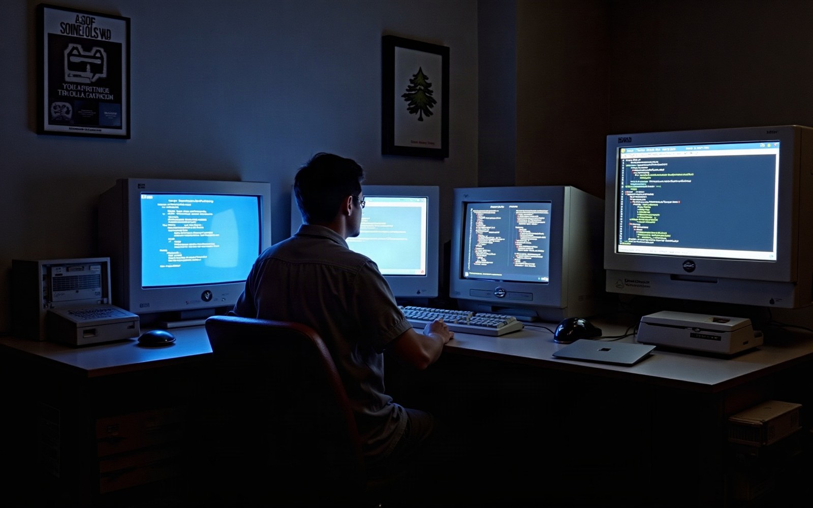 A man sits before four glowing CRT monitors displaying code in a dark room