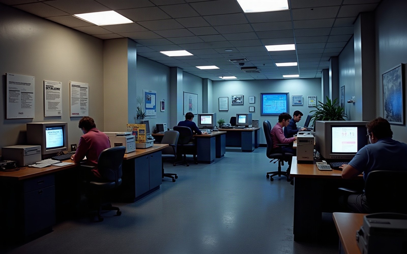 Employees work at desktop computers in a dimly lit 1980s-style office
