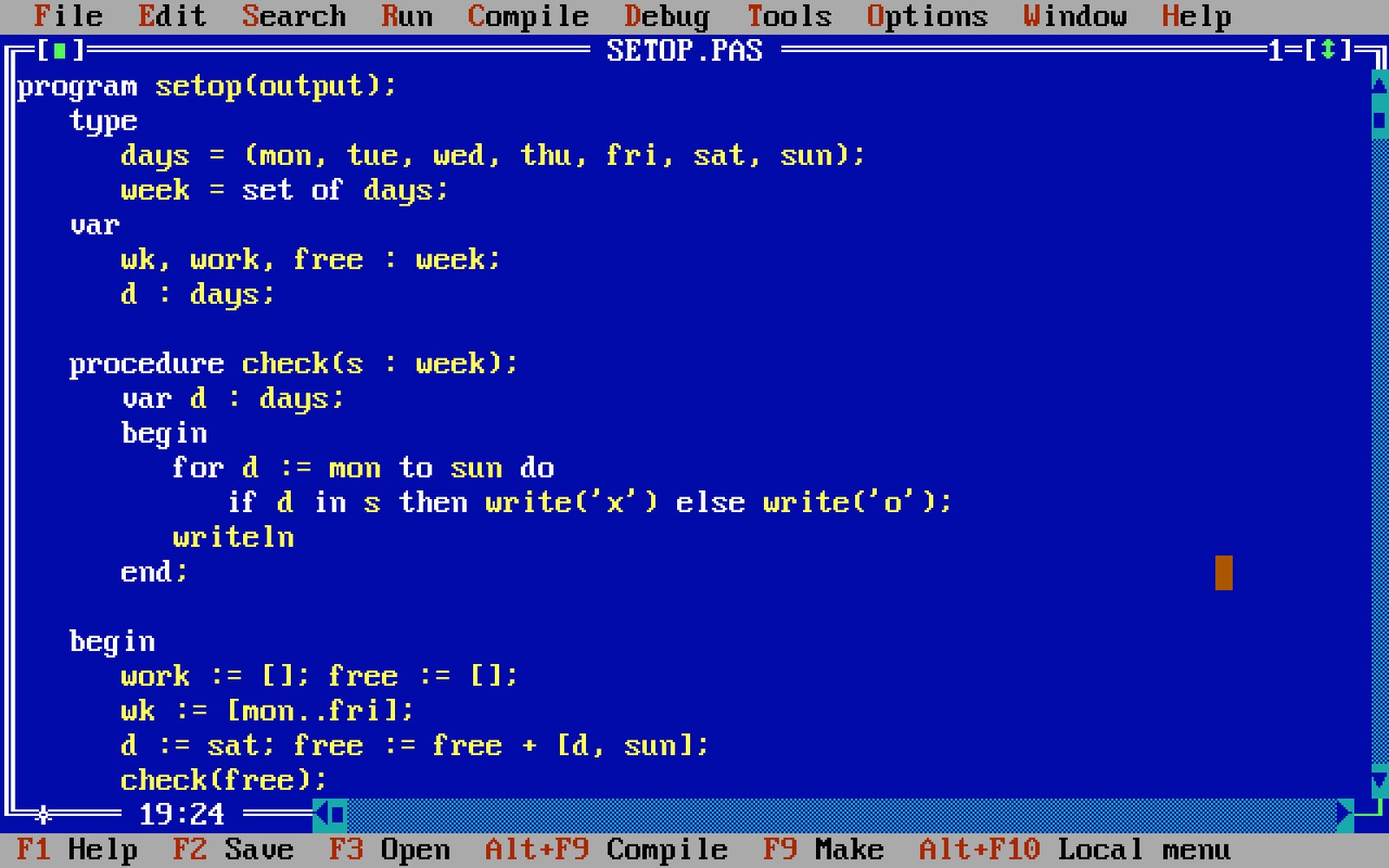 Pascal code editor showing a program called setop with set operations on weekdays