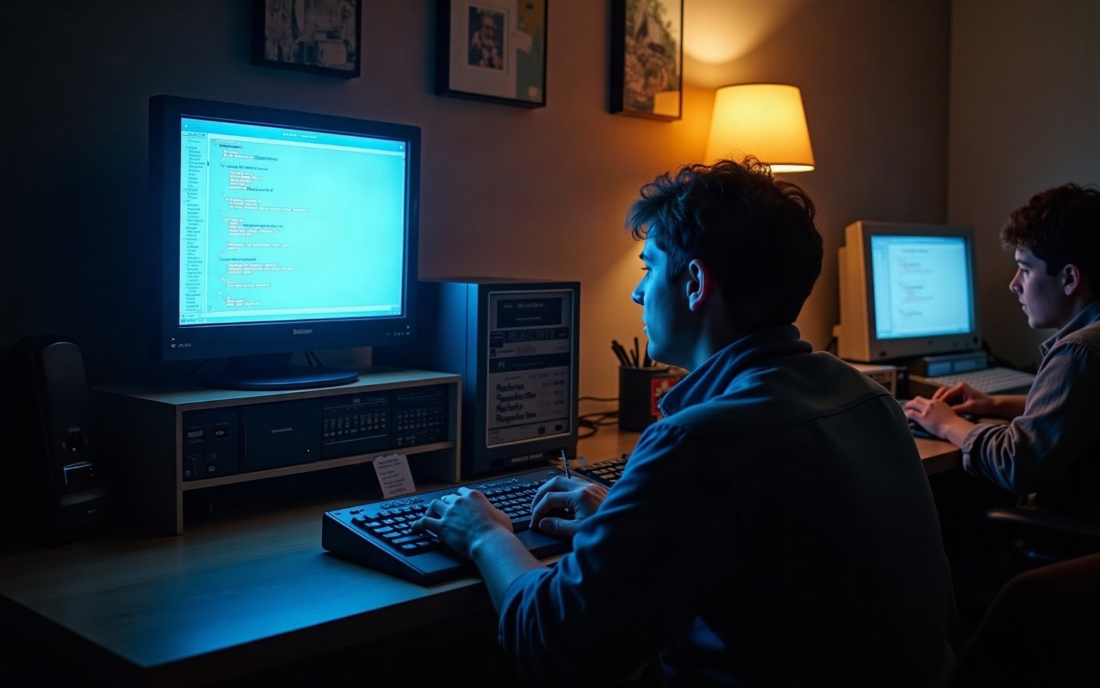 Two people work at glowing desktop monitors displaying code in a dim room