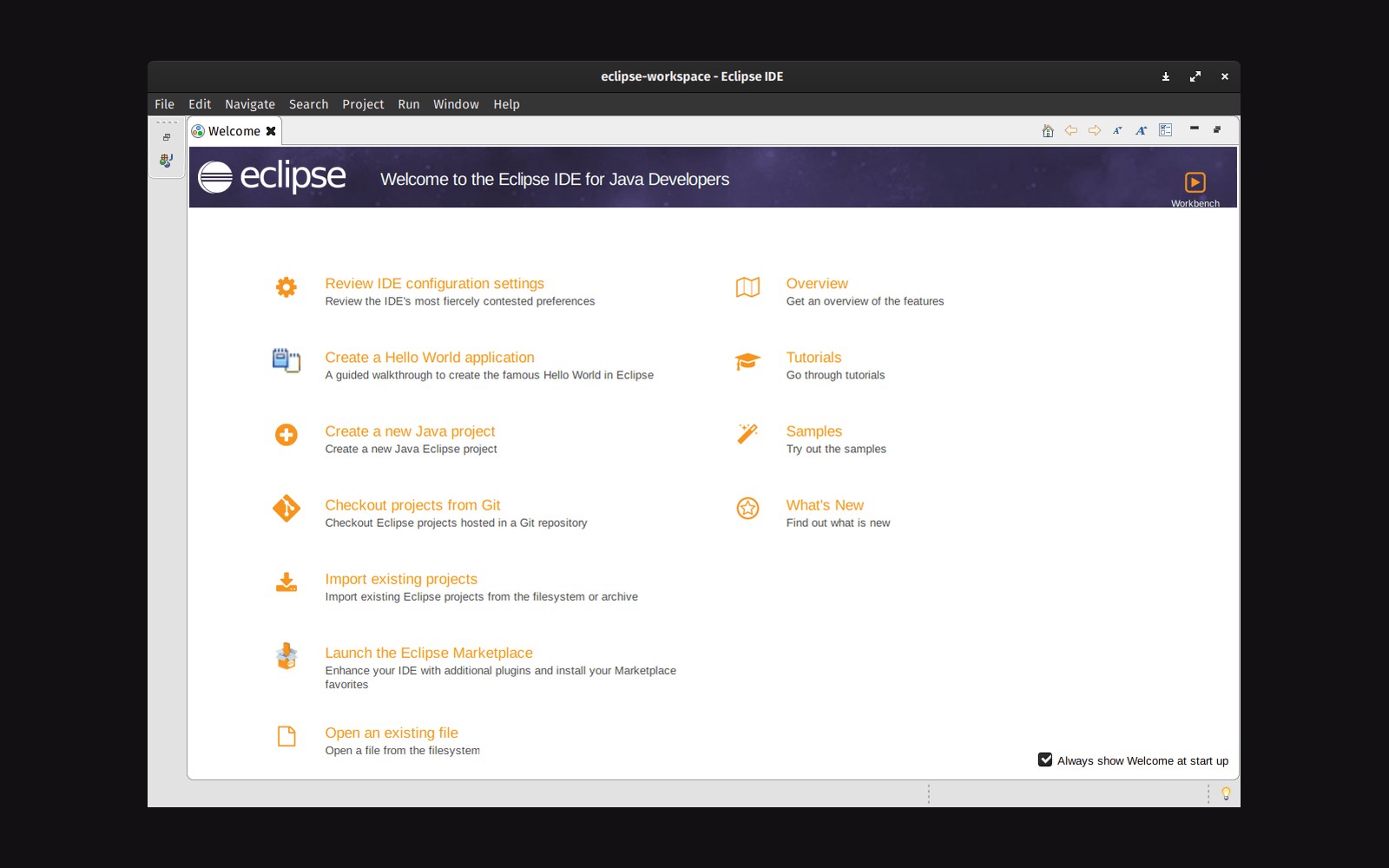 Eclipse IDE welcome screen listing options like creating projects and tutorials