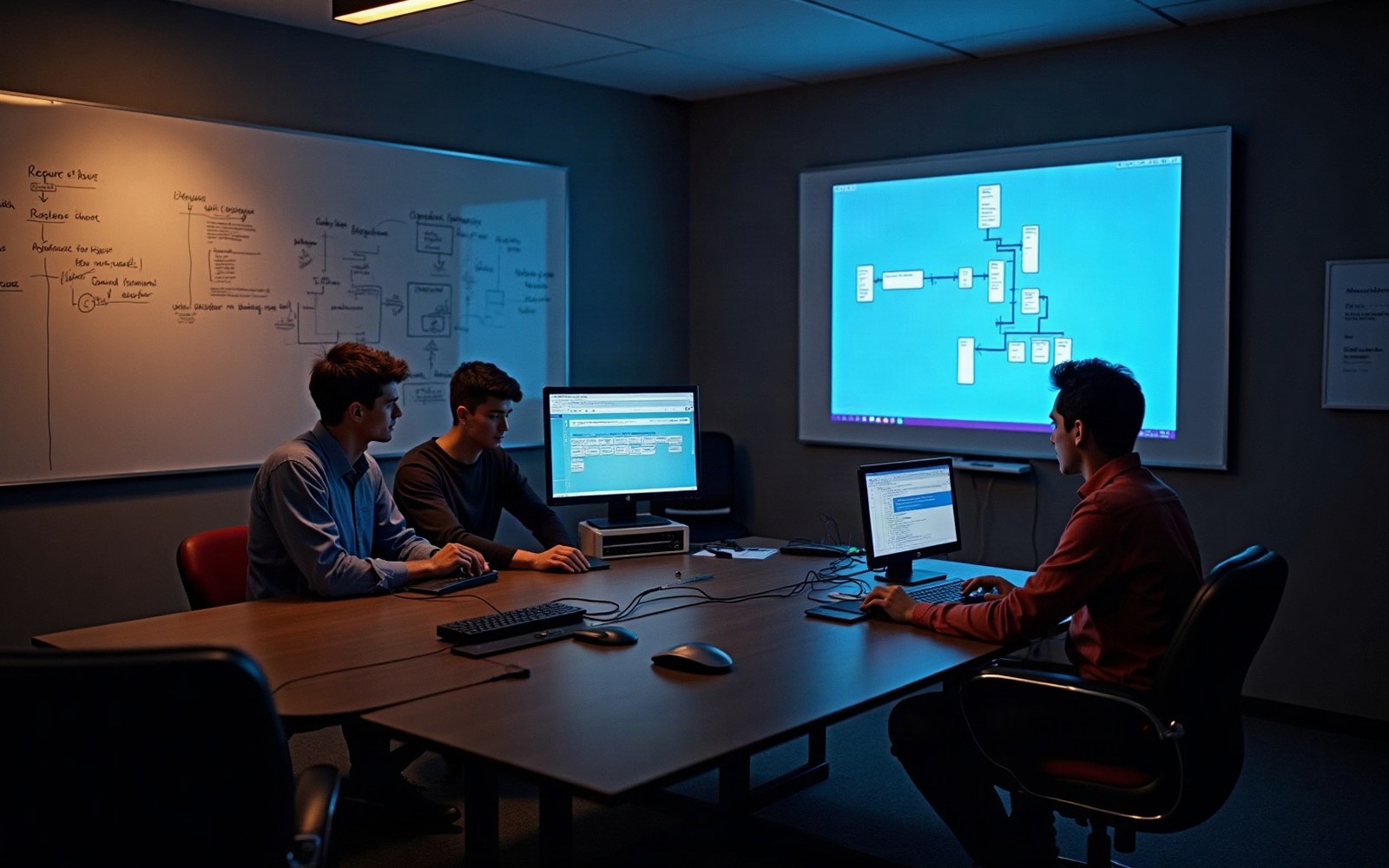 Three developers sit at a conference table studying a flowchart on a projector screen