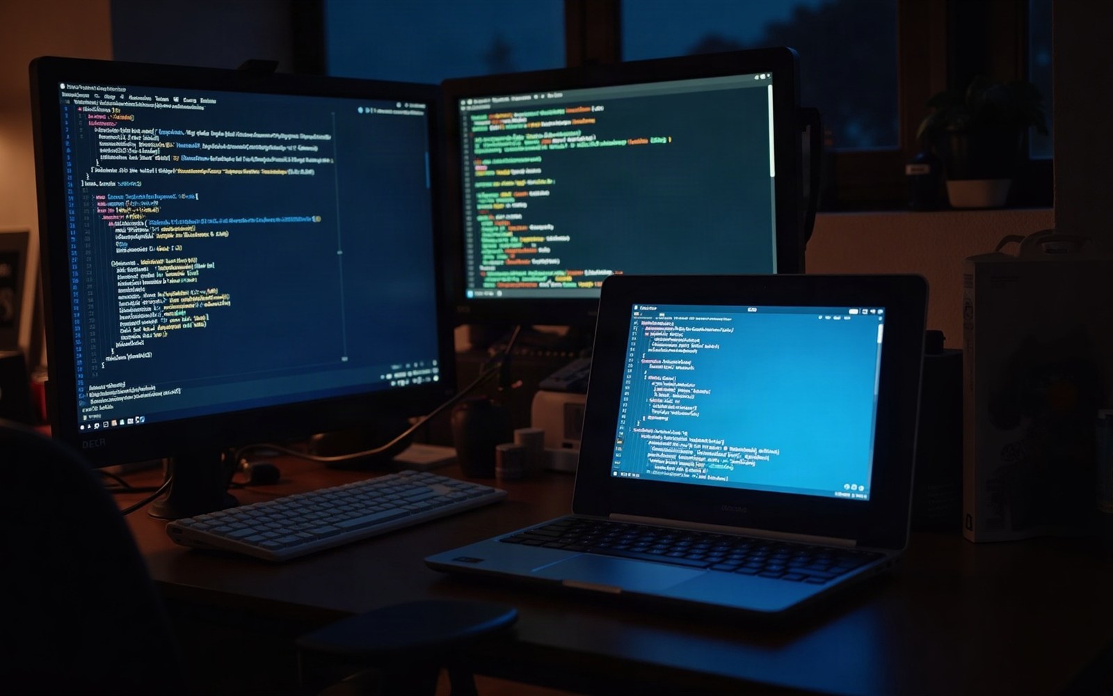 Two monitors and a laptop display code editors in a dimly lit workspace at night
