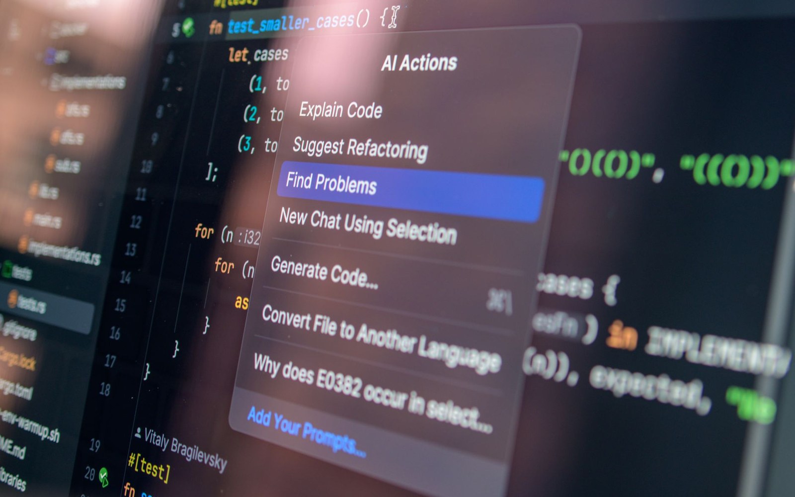 Code editor screen showing an AI Actions menu with options like Find Problems and Generate Code