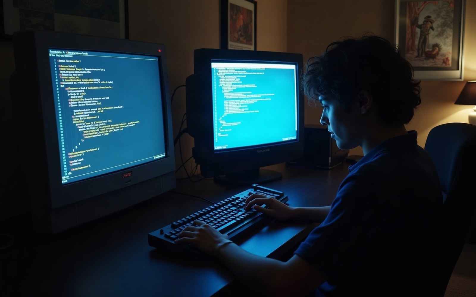 A person types on a keyboard facing two glowing monitors displaying lines of code in a dim room