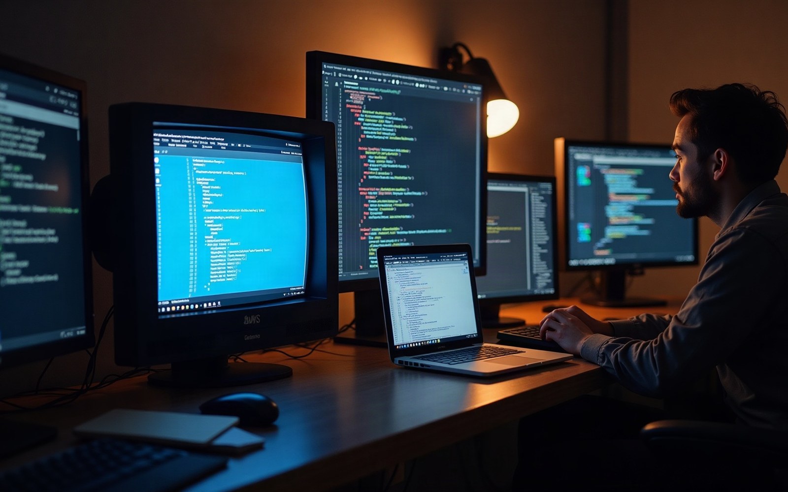 Man typing on a laptop surrounded by multiple monitors displaying lines of code