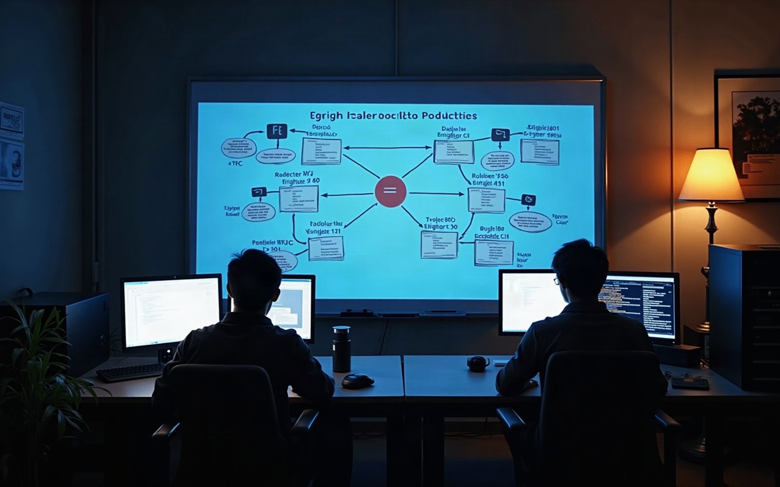Two silhouetted workers face computer monitors below a large screen showing a flowchart diagram