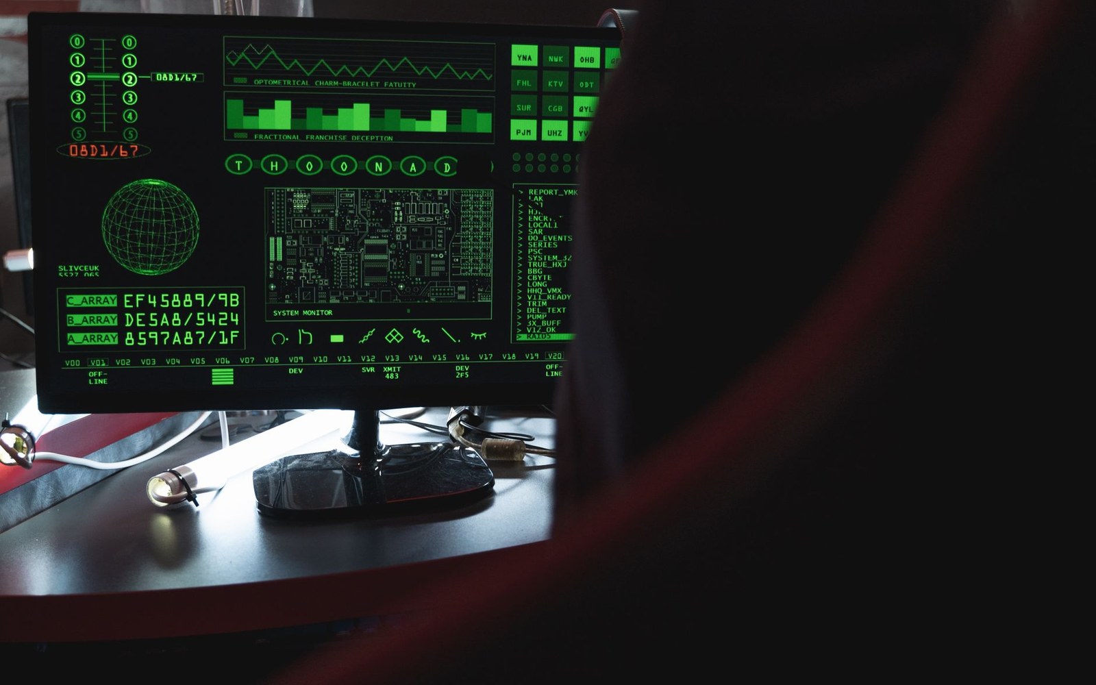 Computer monitor displaying green text and graphs of system data on a dark screen