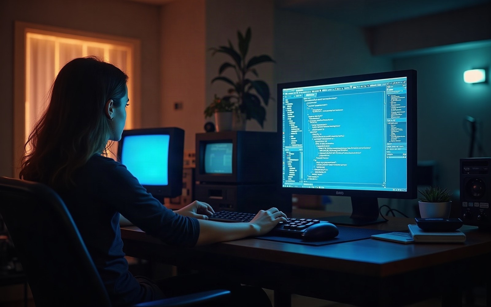 Woman typing code on a glowing monitor at a dimly lit desk with old computers nearby