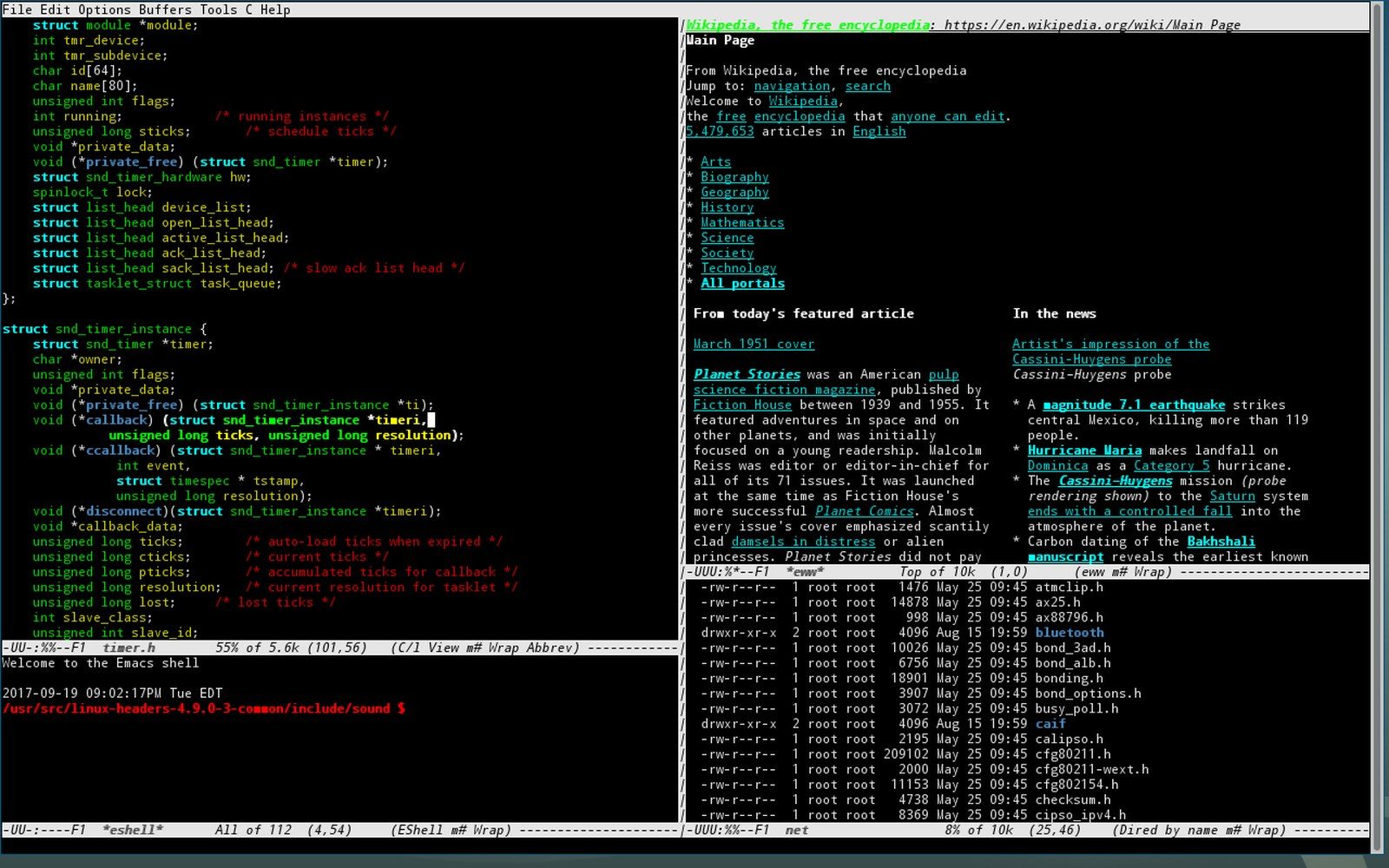 Split-screen terminal showing Emacs editing C source code beside a Wikipedia page and shell listing