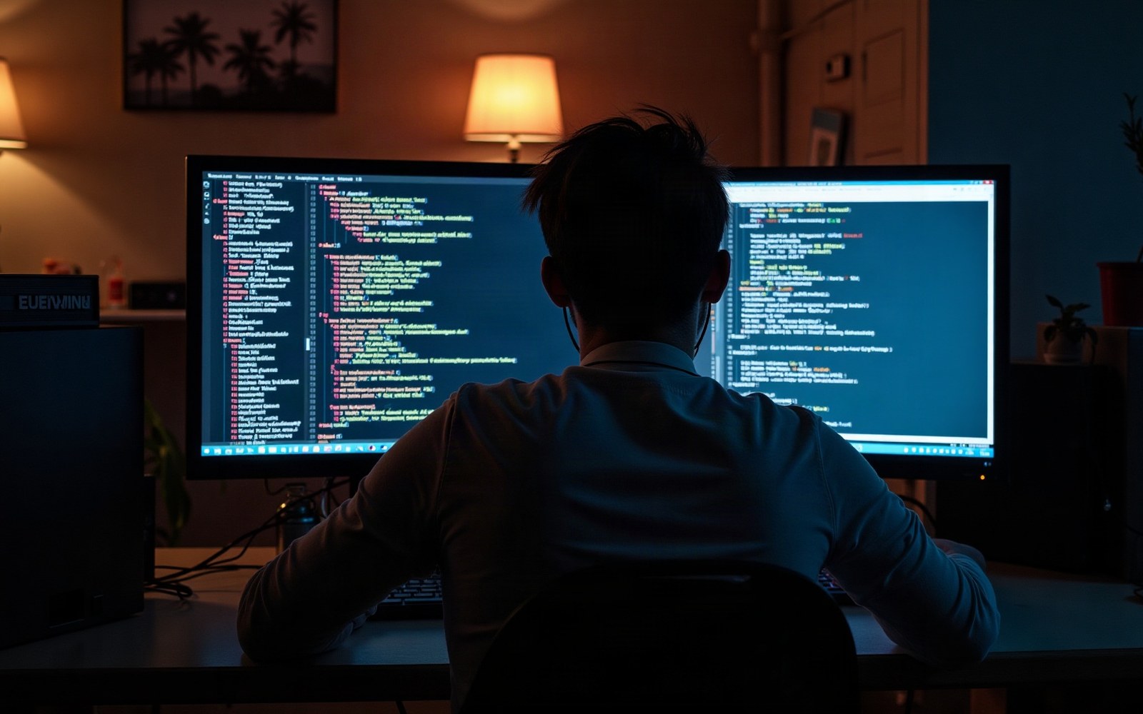 Man viewed from behind coding at dual monitors displaying colored syntax-highlighted text in a dark room