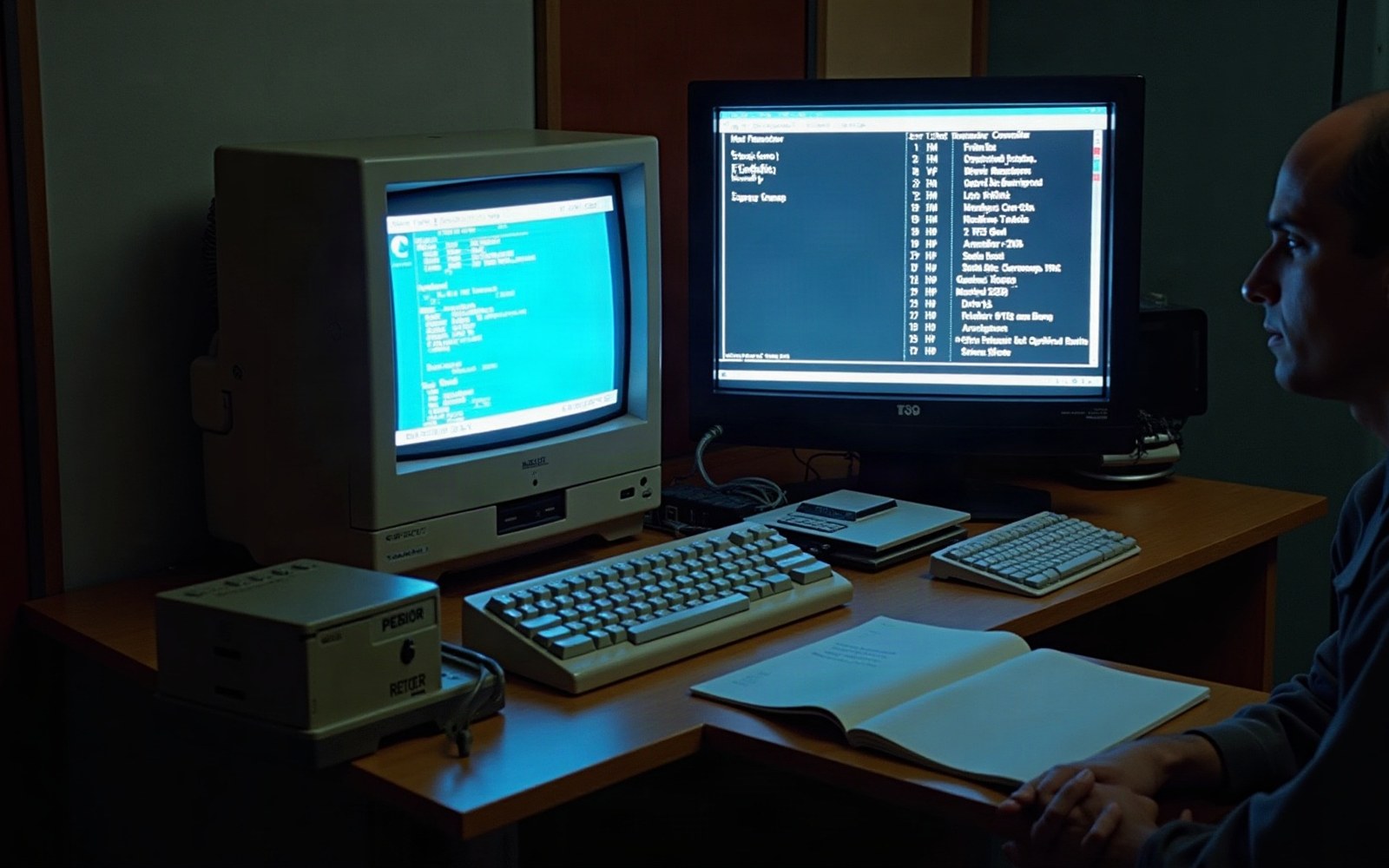 A man reviews text on a modern monitor beside an old CRT computer terminal