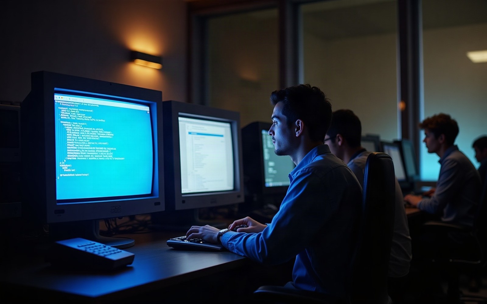Programmers work at dual-monitor computer stations displaying code in a dimly lit office