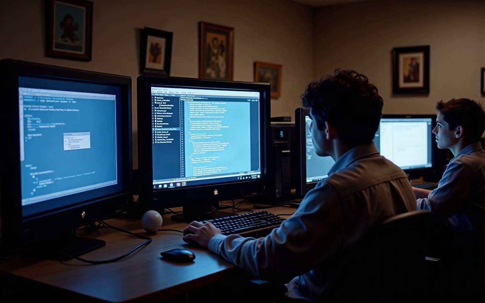 Two people work at multiple monitors displaying code in a dimly lit room