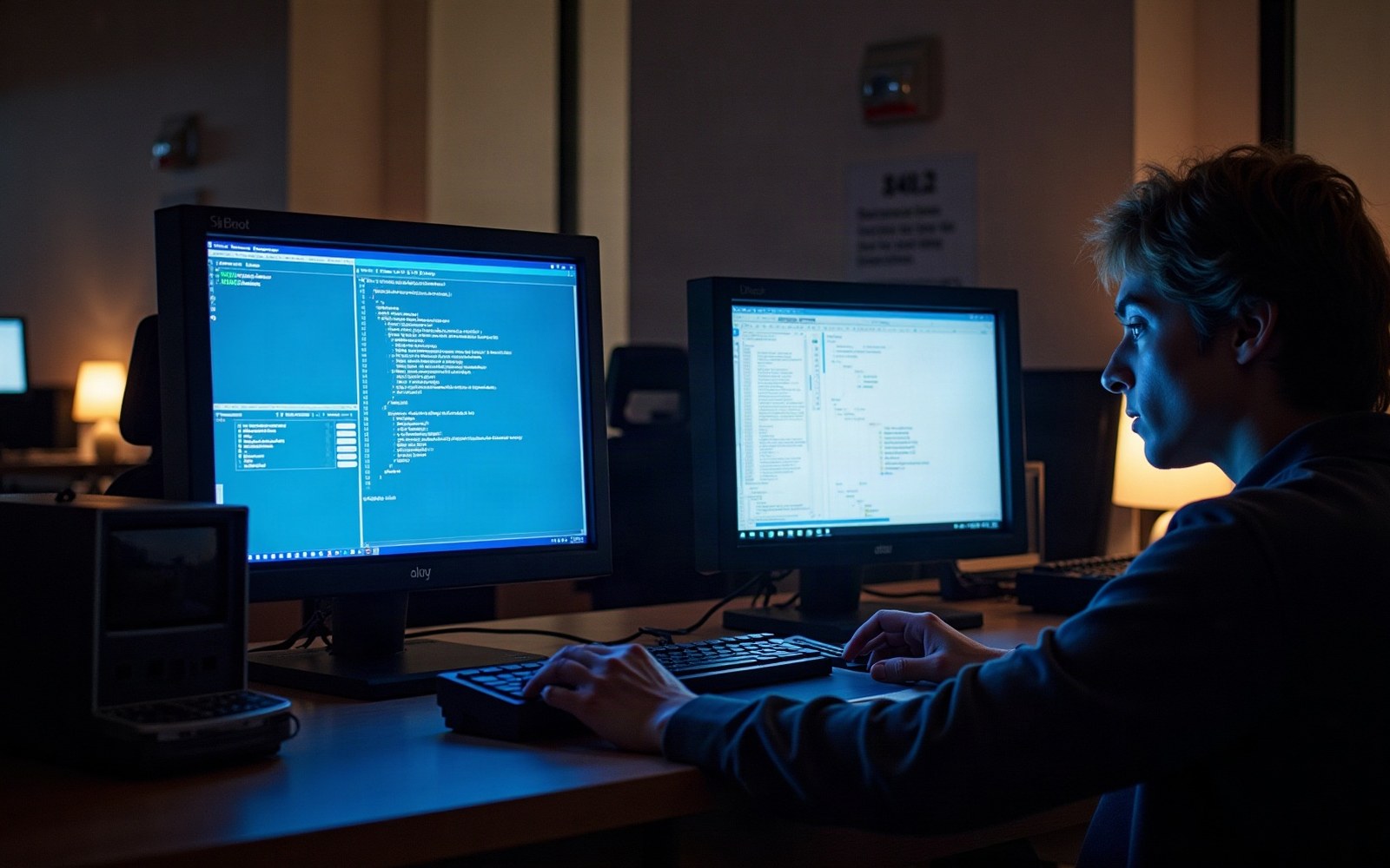 A person typing at a desk with two monitors displaying code in a dim office