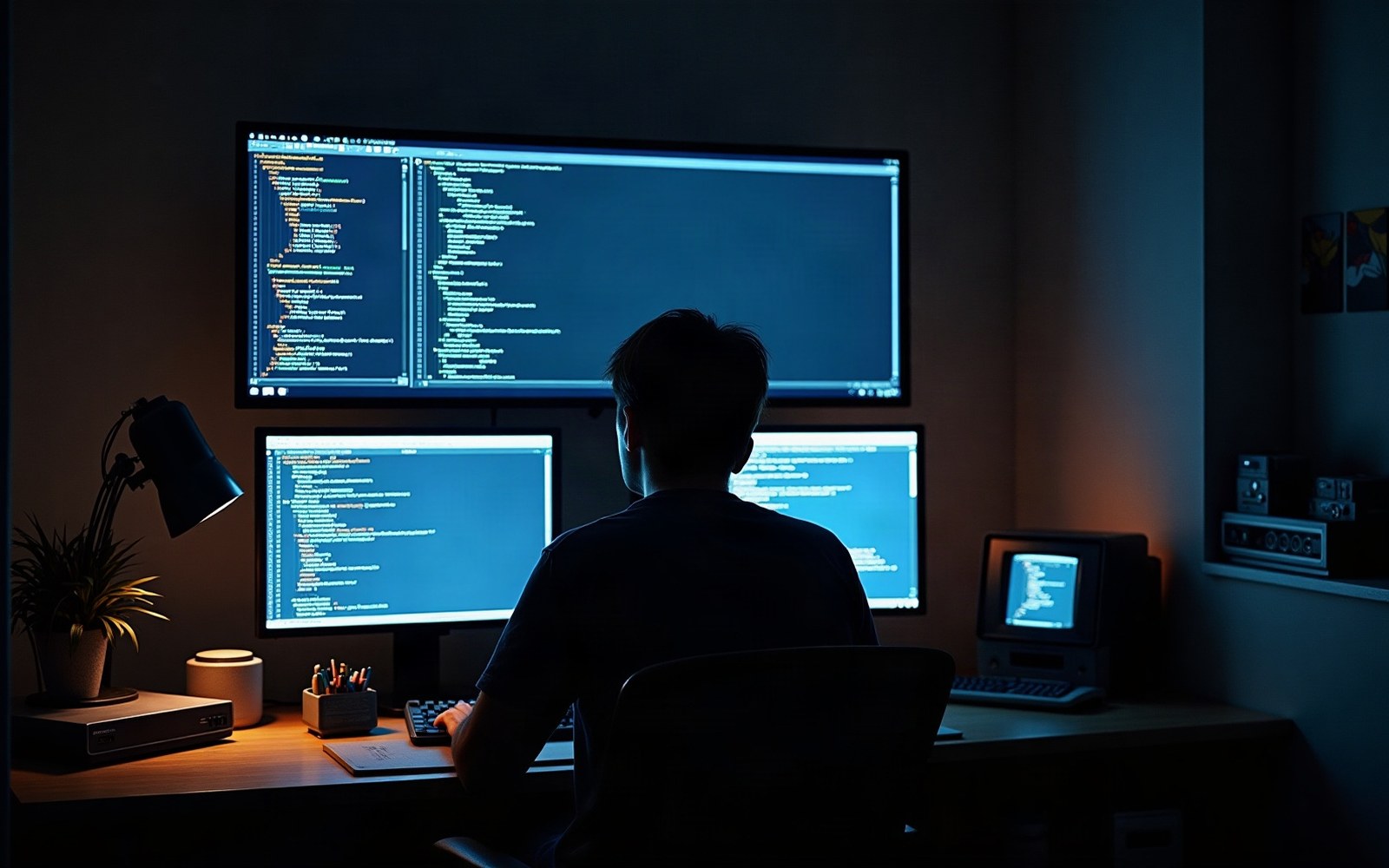 Silhouette of a programmer facing multiple monitors displaying code in a dark room