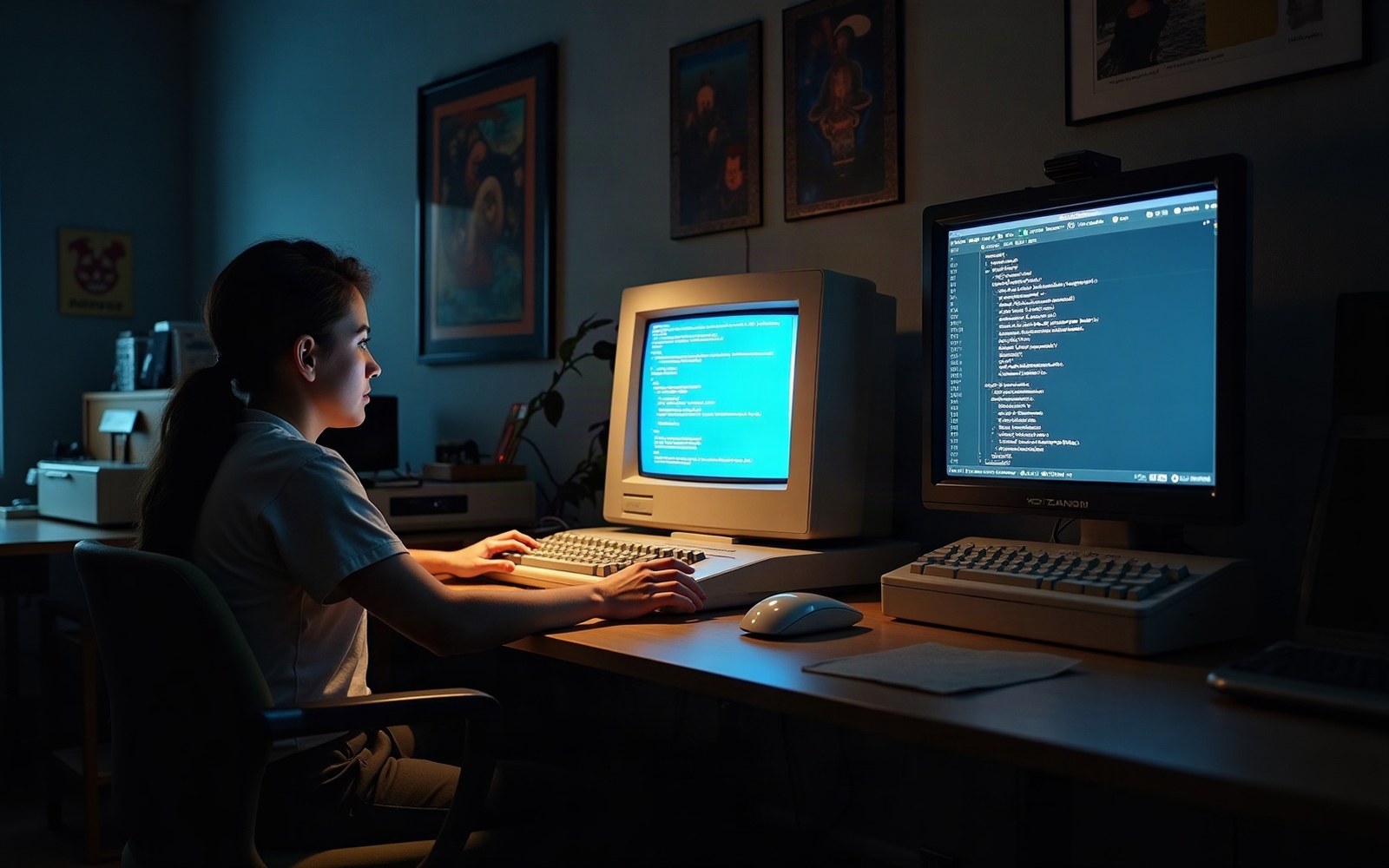 The Turbo Pascal 3.0 blue editor running on a CRT monitor, circa 1985, showing white text on the characteristic cobalt-blue background with the menu bar at the top